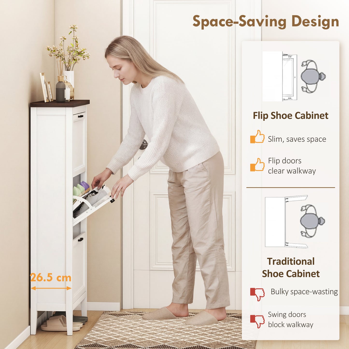 Shoe Cabinet with 3 Flip Drawers, Farmhouse Narrow Shoe Storage Cabinet with Adjustable Shelves, Freestanding for Entryway, Hallway, Living Room, Holds 12-18 Pairs, White
