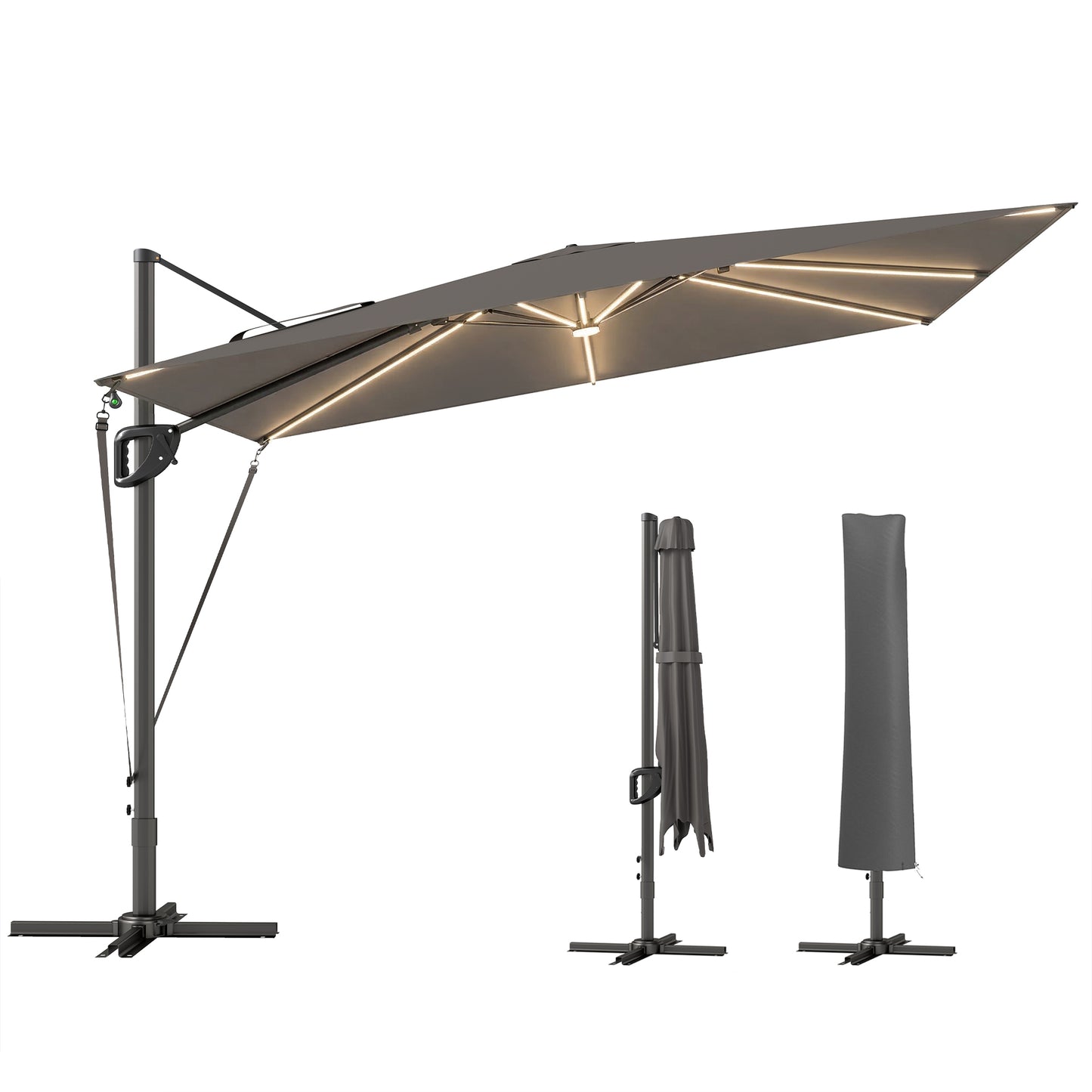 3 x 3 m Garden Cantilever Parasol w/ Light, Cover, Wind Protection