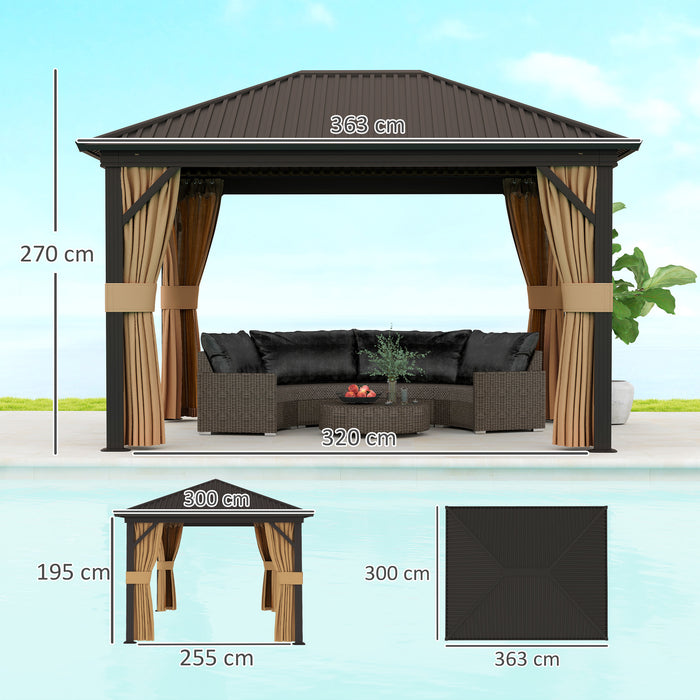 3.6 x 3(m) Metal Garden Hardtop Gazebo with Screened Curtain Brown