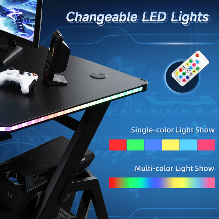 Gaming Desk Racing Style Home Office Ergonomic Computer Table Workstation with RGB LED Lights, Black