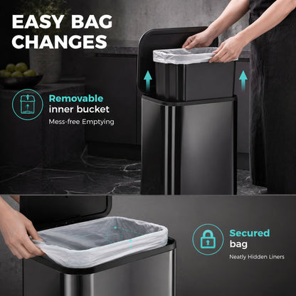 50L Kitchen Bin, Metal Rectangular Pedal Trash Bin, High Gloss Black