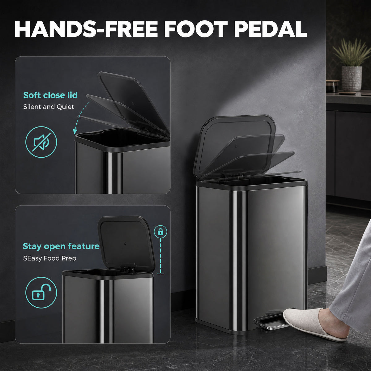 50L Kitchen Bin, Metal Rectangular Pedal Trash Bin, High Gloss Black