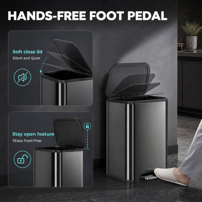 50L Kitchen Bin, Metal Rectangular Pedal Trash Bin, High Gloss Black