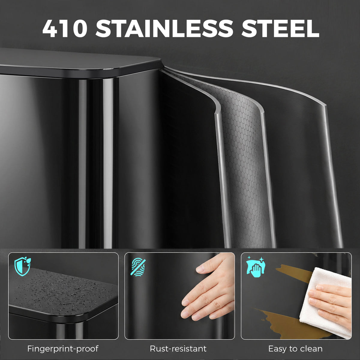 50L Kitchen Bin, Metal Rectangular Pedal Trash Bin, High Gloss Black