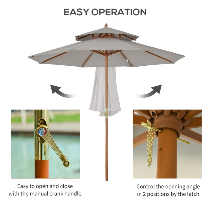 2.7 m Double Tier Outdoor Patio Garden Sun Umbrella Sunshade Wooden Parasol Grey Shade Canopy