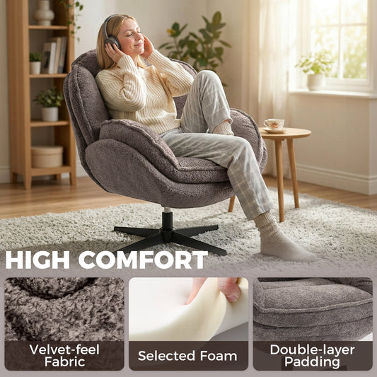 Modern Wingback Accent Chair, Velvet Armchair with Four-Star Base, S-Springs, Swivel, Grey