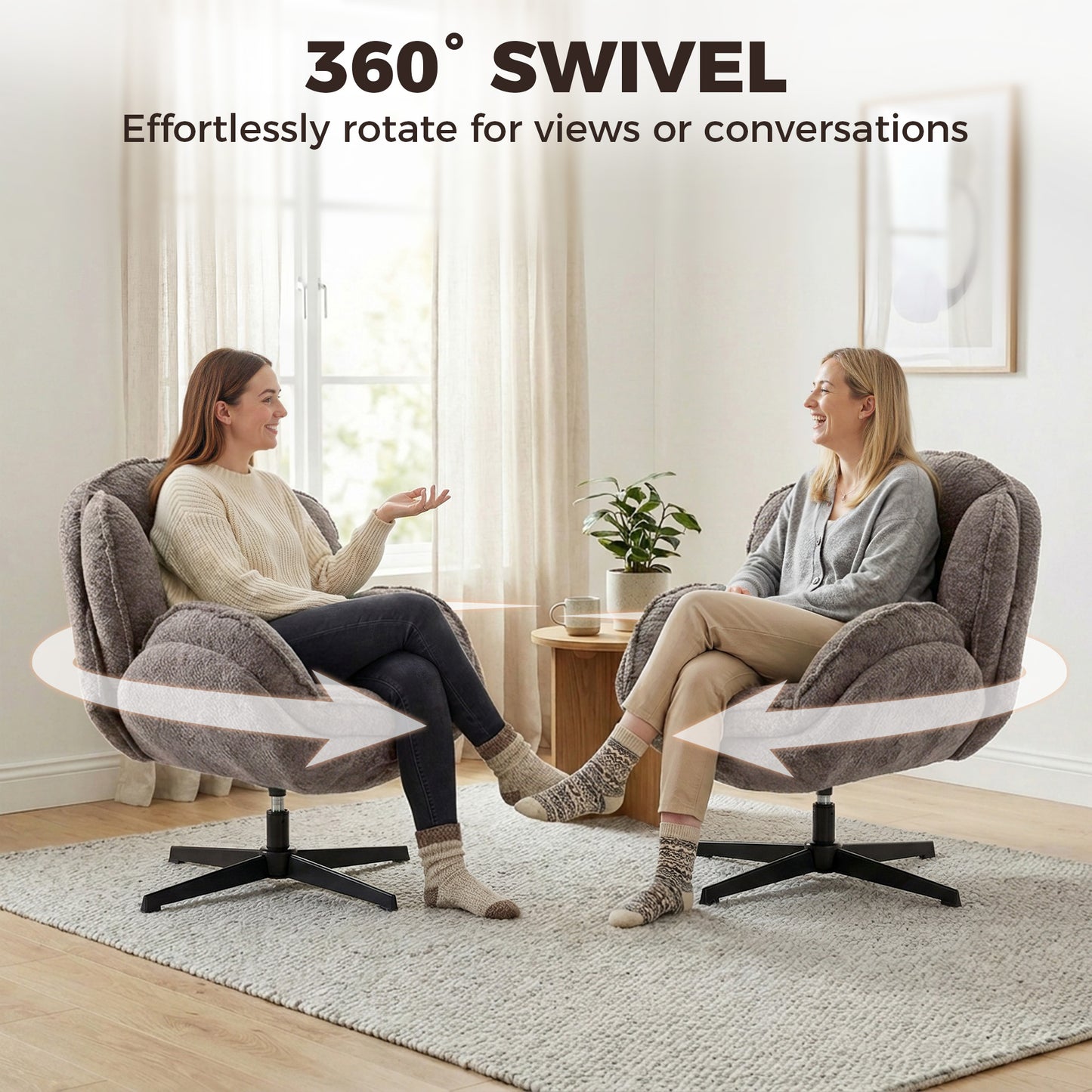 Modern Wingback Accent Chair, Velvet Armchair with Four-Star Base, S-Springs, Swivel, Grey