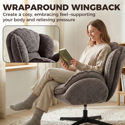 Modern Wingback Accent Chair, Velvet Armchair with Four-Star Base, S-Springs, Swivel, Grey