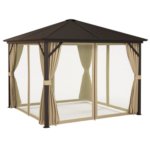 3 x 3 m Garden Gazebo with Netting and Curtains, Hard Top Gazebo Canopy Shelter w/ Metal Roof, Aluminium Frame, for Garden, Lawn