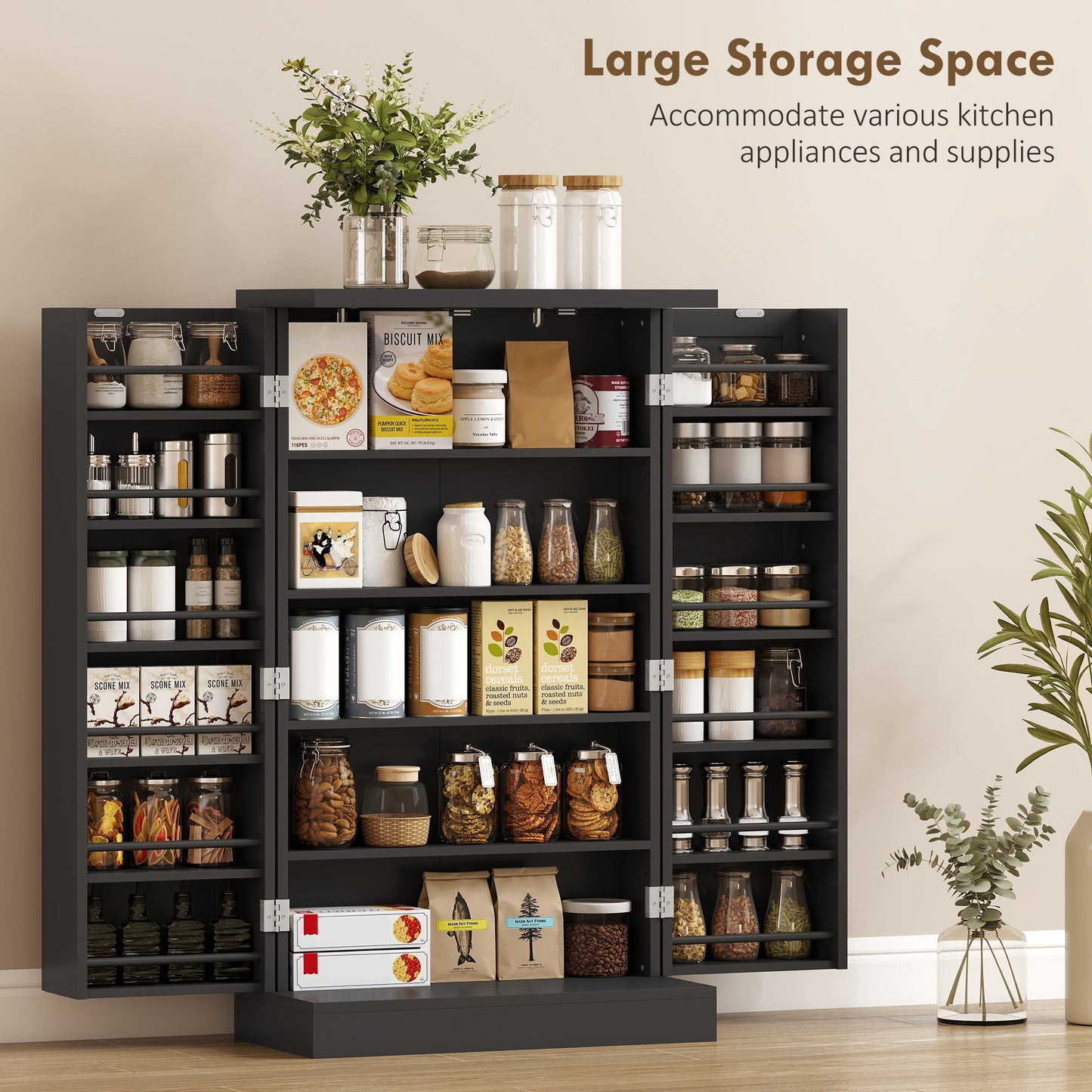 Kitchen Cupboard w/ 5 Tiers, 12 Spice Racks, Kitchen Storage Cabinet