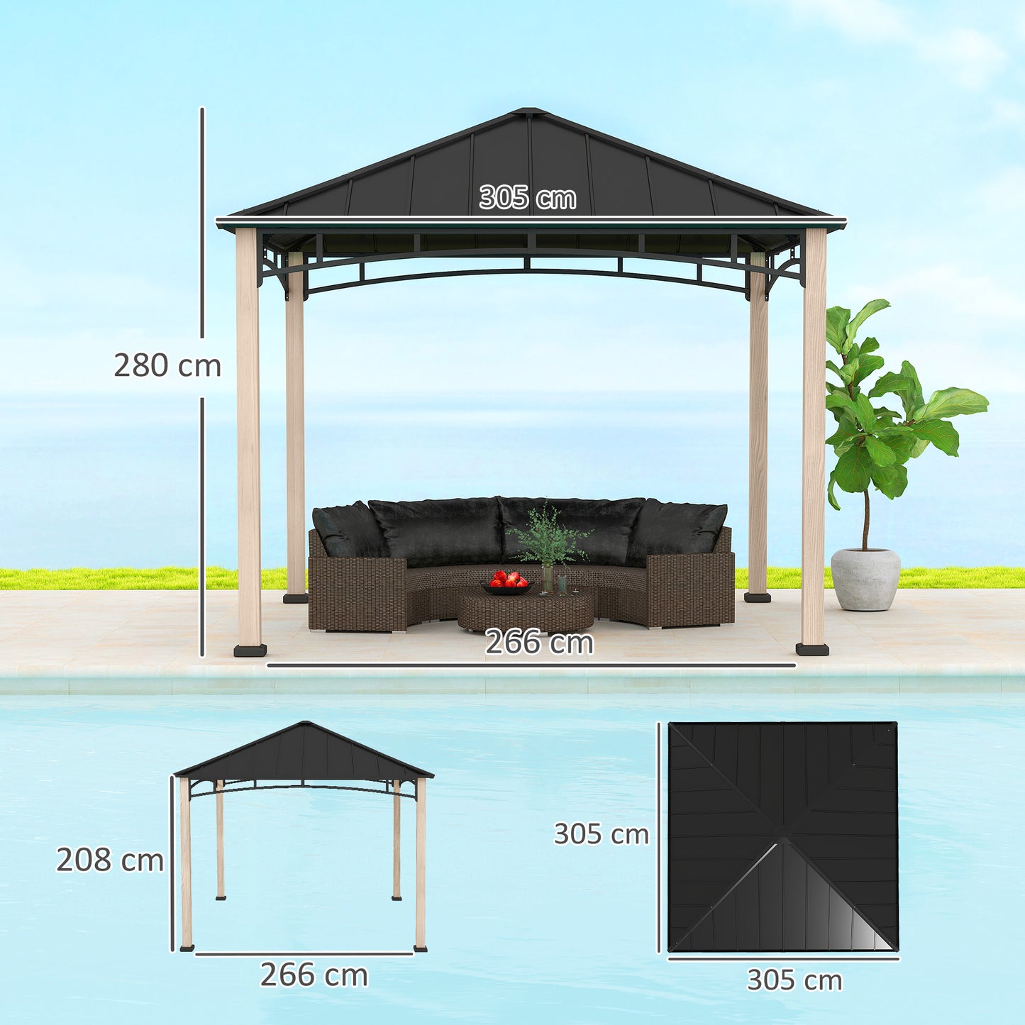 3 x 3(m) Hardtop Gazebo with Metal Roof and Wood Grain Frame