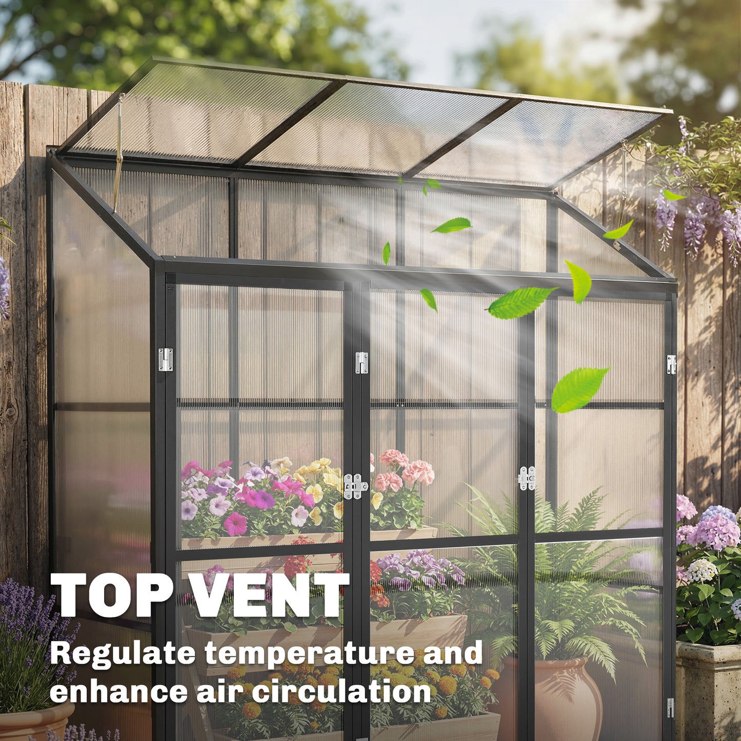 6 x 1.5ft Polycarbonate Greenhouse with 3 Hinged Doors, Top Vent, Lean-to Green House, Aluminium Walk-in Greenhouse for Patio Garden, Black