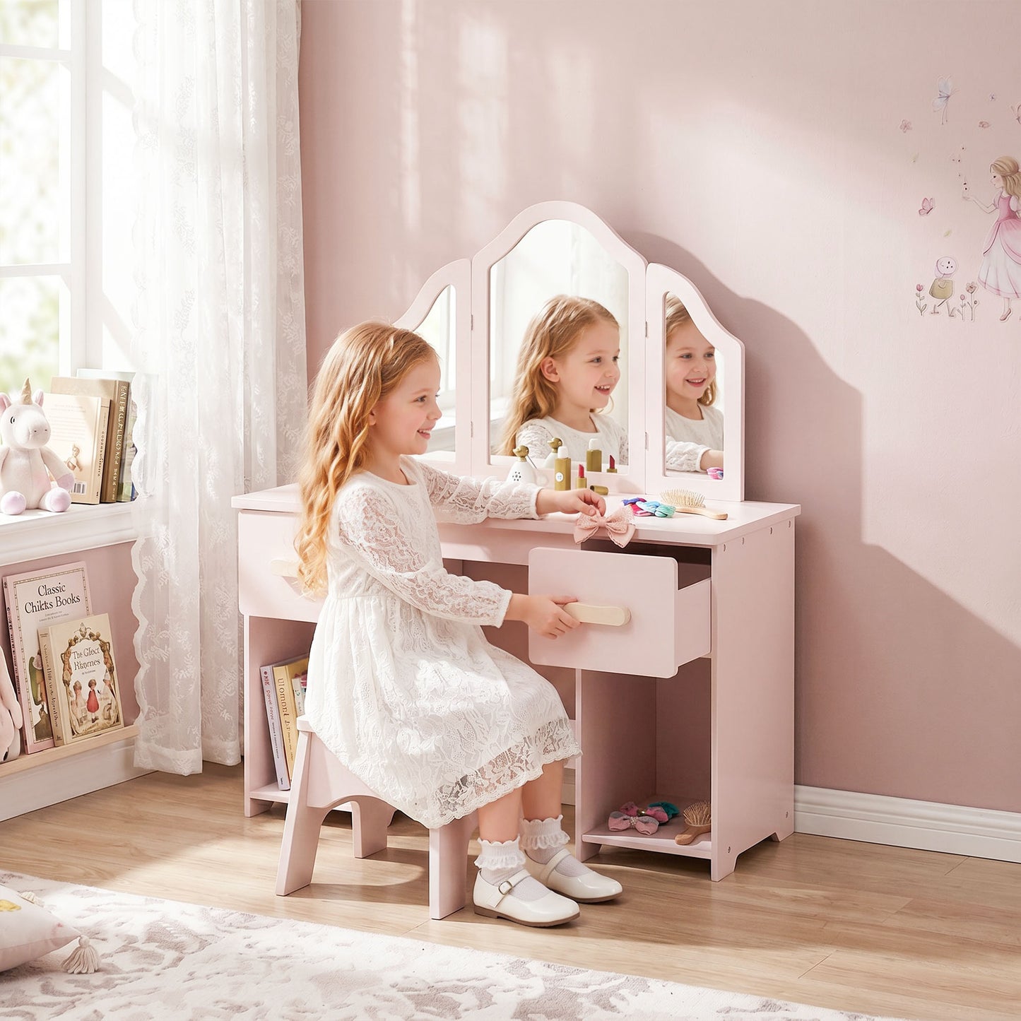 Kids Vanity Table and Chair Set with Tri-Folding Mirror for 3+
