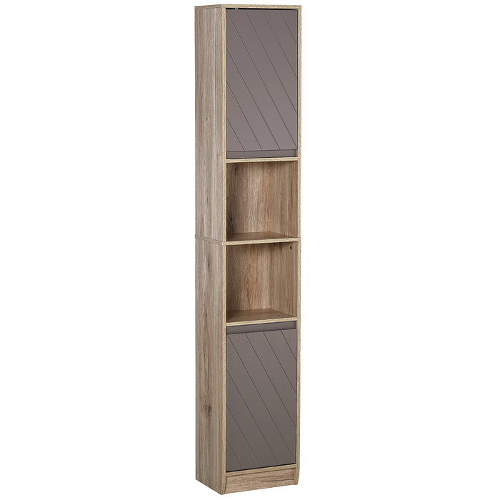 Tall Bathroom Cabinet, Freestanding Bathroom Storage Cabinet with 2 Cupboards 2 Compartments, Anti-Tipping Elevated Base, Grey and Oak Brown