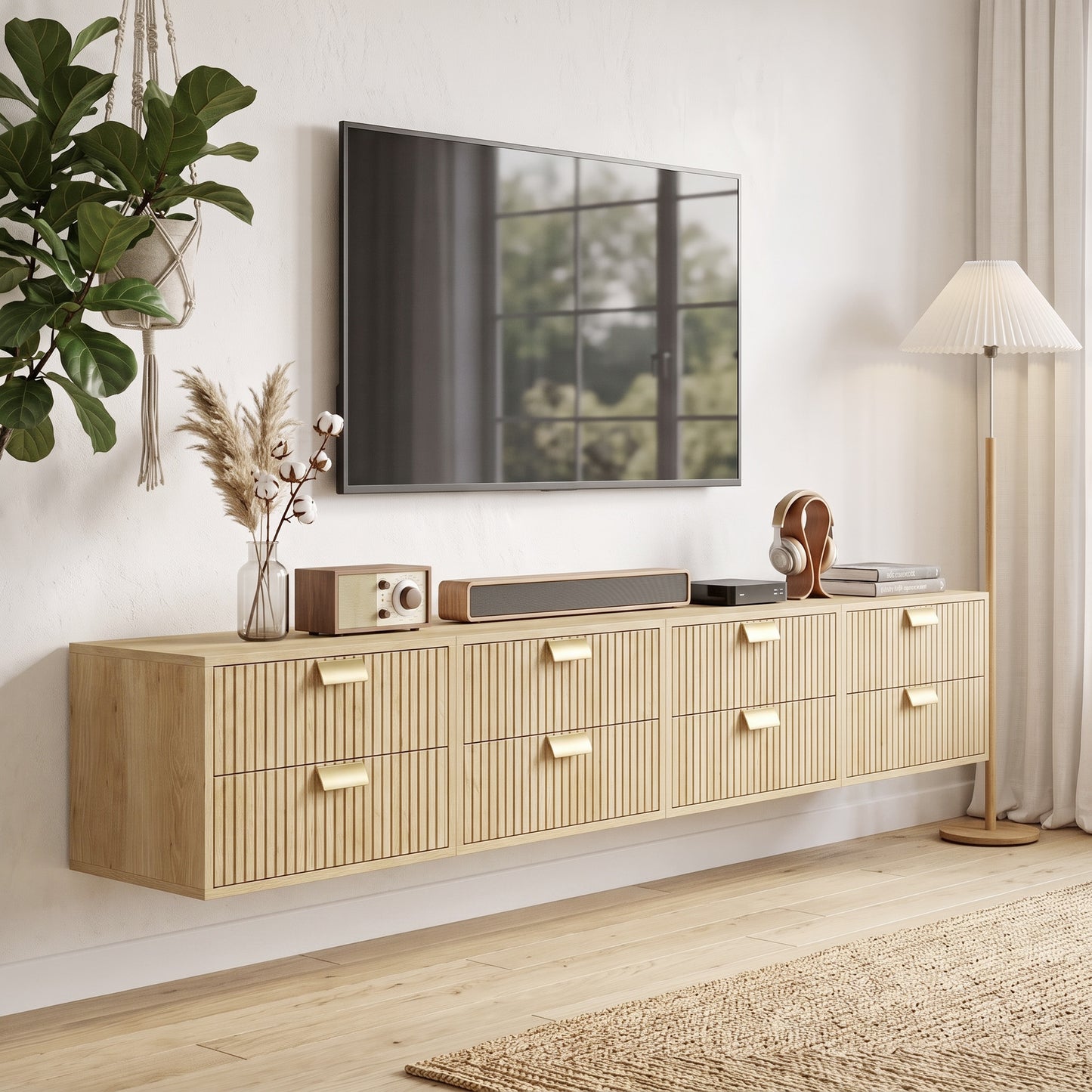 2pcs Modern Floating Nightstands,  2 Drawers Bedside Tables, Oak