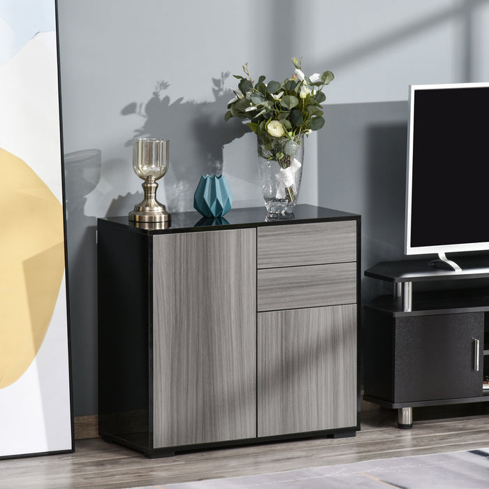 Modern Stylish Freestanding Push-Open Design Cabinet with 2 Drawer, 2 Door Cabinet, 2 Part Inner Space-Grey and Black