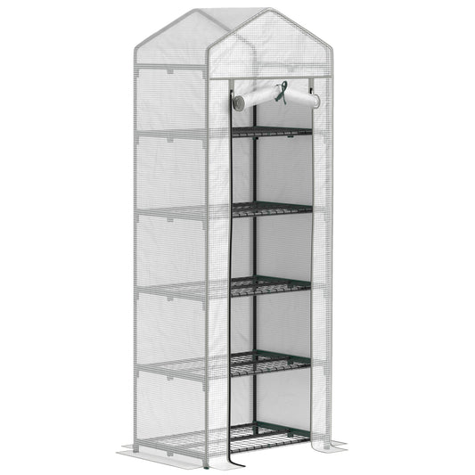 5 Tier Mini Greenhouse Grow House w/ Roll Up Door, White/Grey