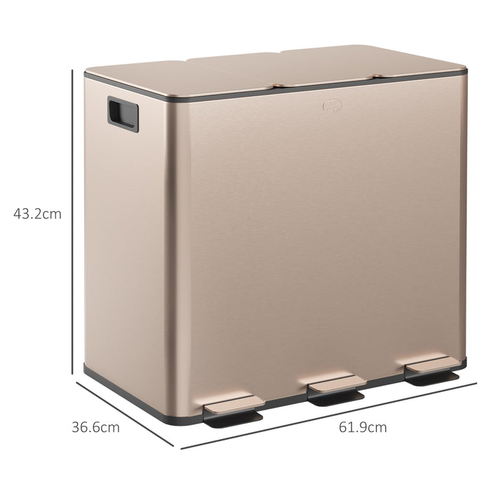 3 x 15L Triple Kitchen Bin Pedal Bin for Recycling and Waste, Gold Tone