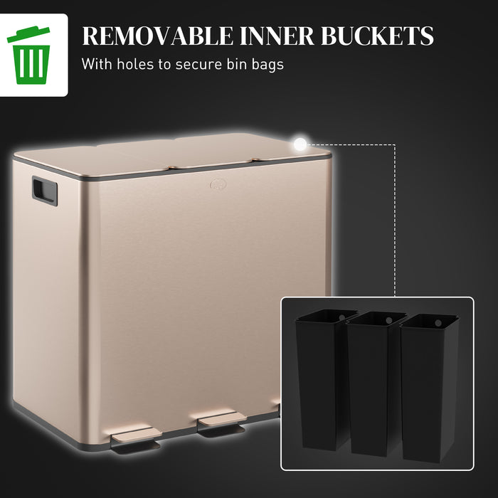 3 x 15L Triple Kitchen Bin Pedal Bin for Recycling and Waste, Gold Tone