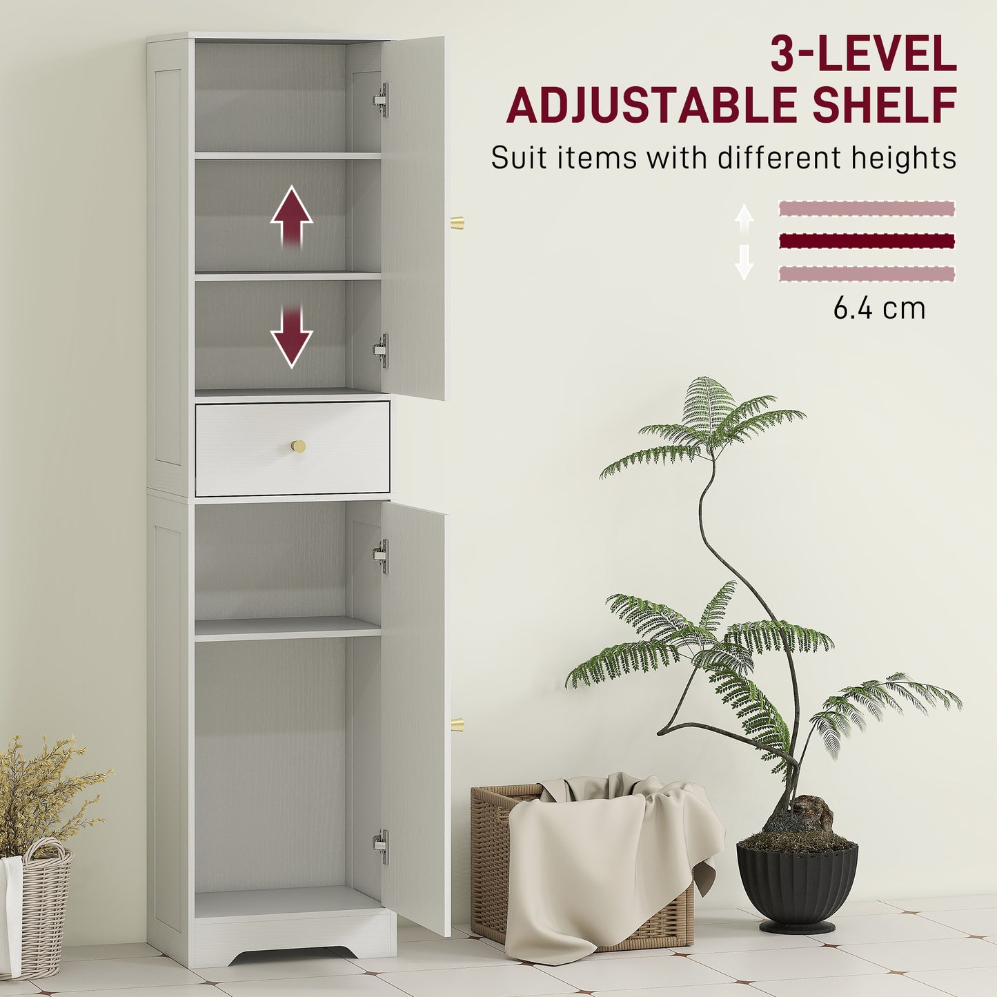 Tall Bathroom Storage Cabinet with Arch Doors Adjustable Shelf White