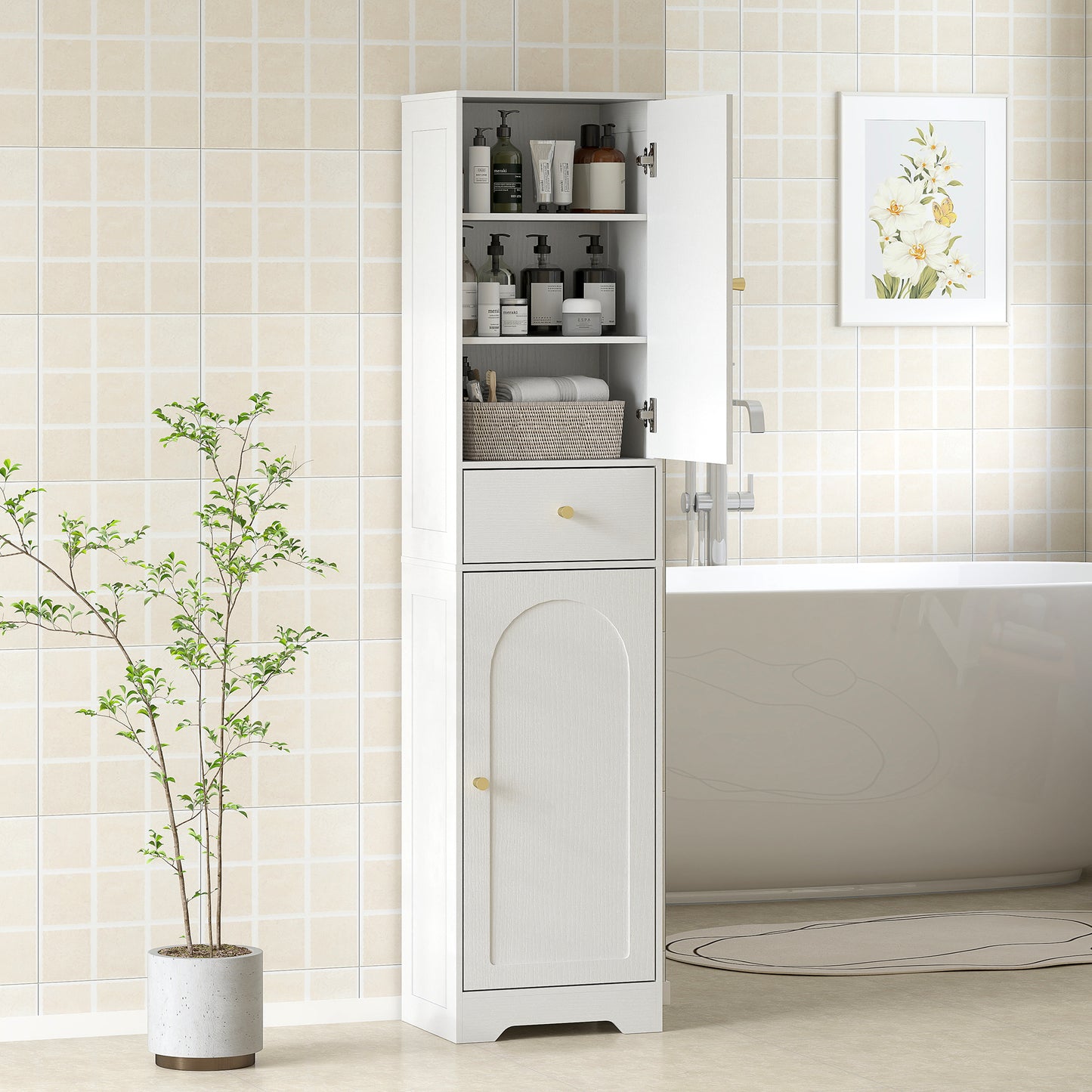 Tall Bathroom Storage Cabinet with Arch Doors Adjustable Shelf White