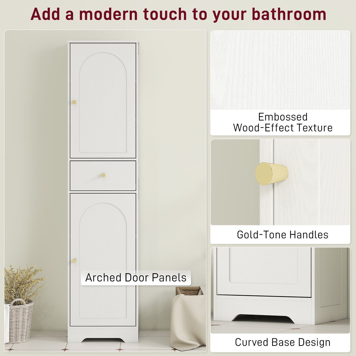 Tall Bathroom Storage Cabinet with Arch Doors Adjustable Shelf White