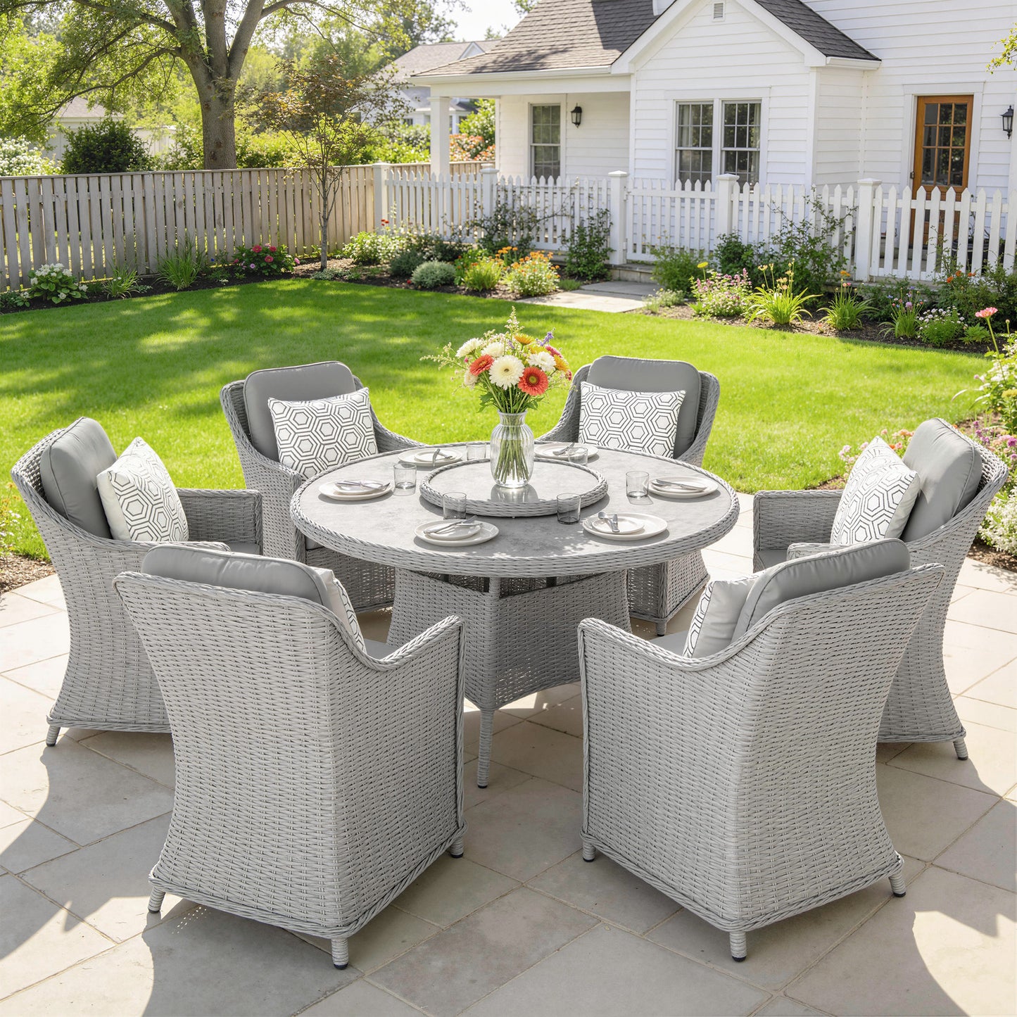 Rattan Garden Dining Set with Turntable, Aluminium Frame, Grey
