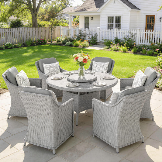 Rattan Garden Dining Set with Turntable, Aluminium Frame, Grey