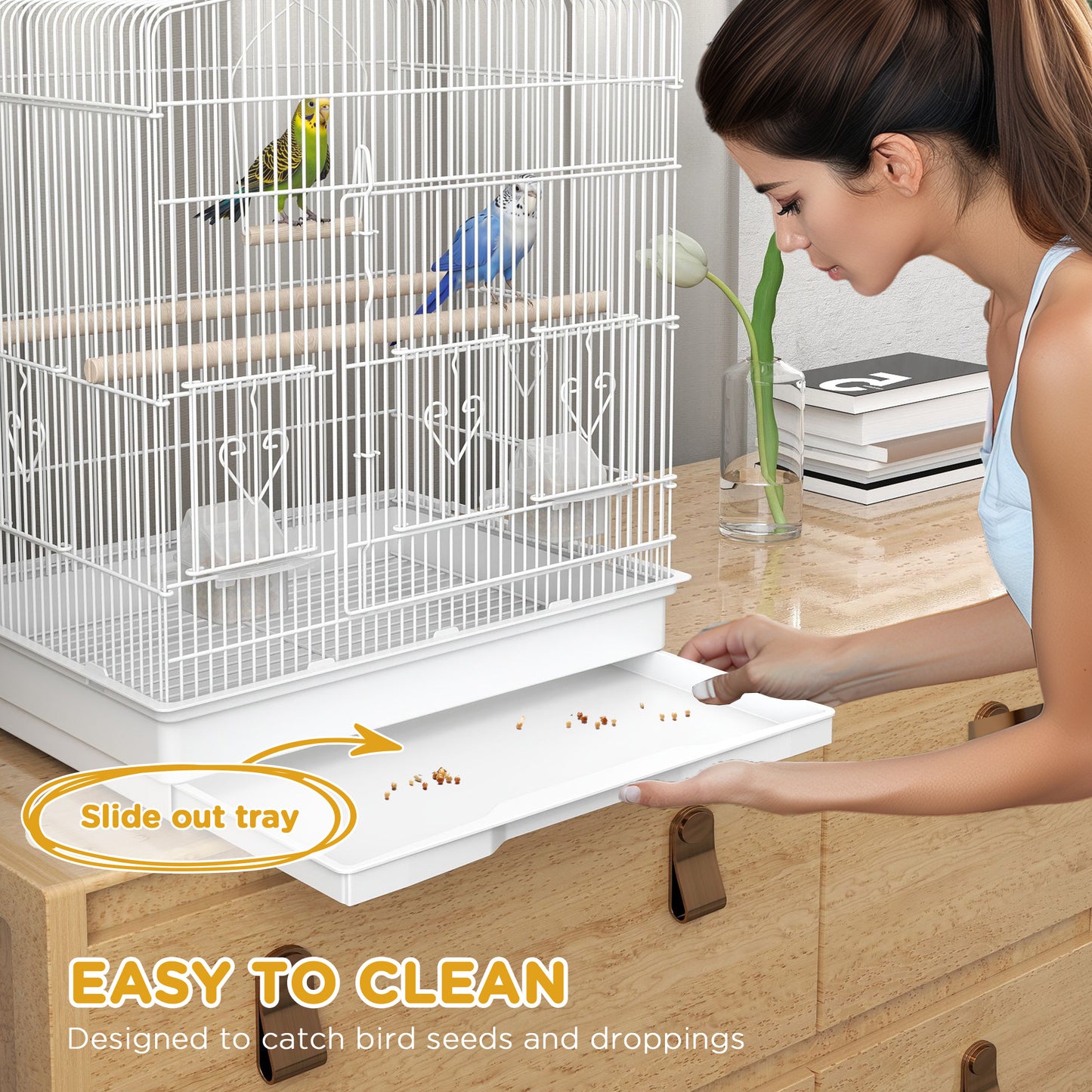 59cm Large Bird Cage with Perches, Food Bowls, Swing, White
