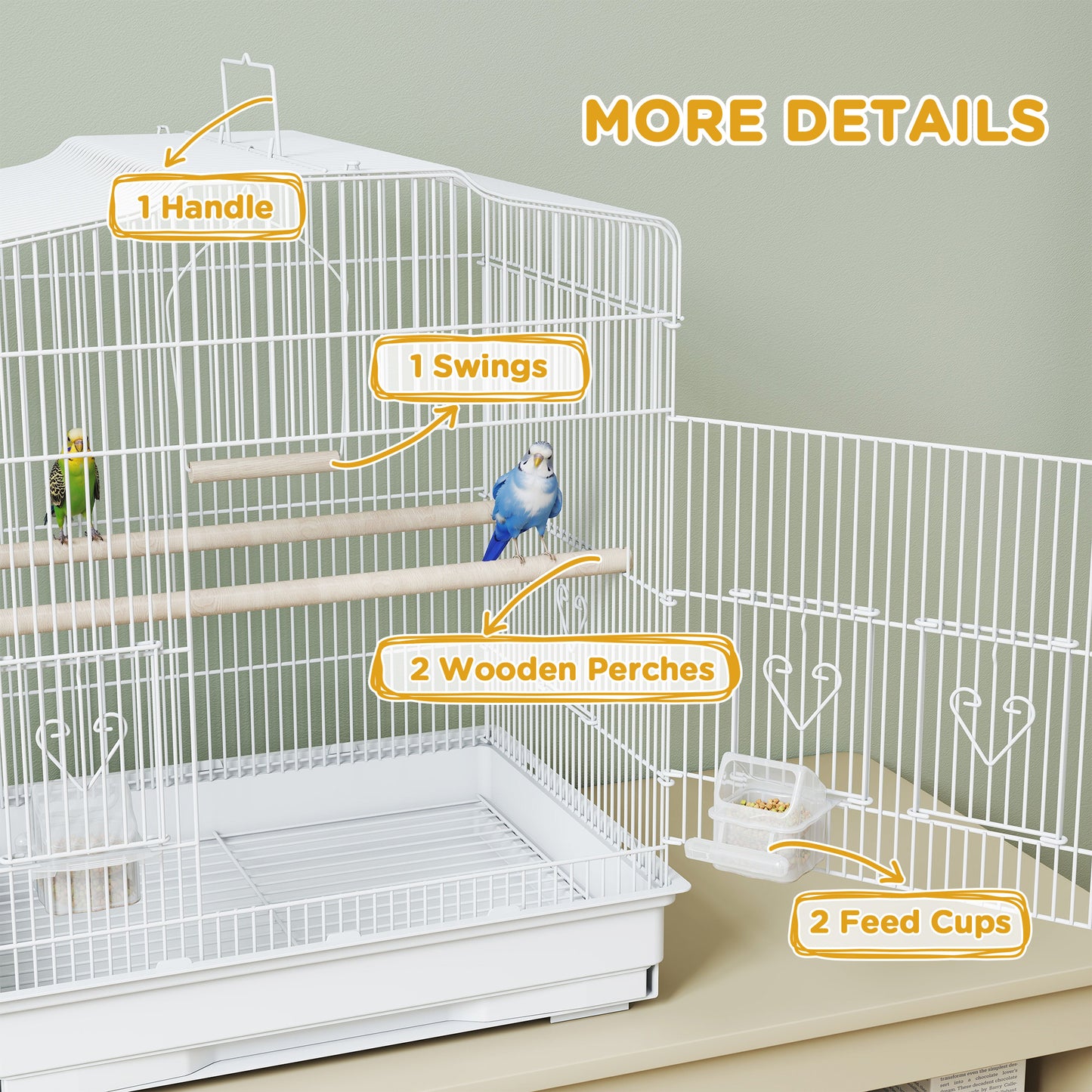 59cm Large Bird Cage with Perches, Food Bowls, Swing, White
