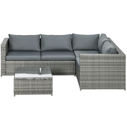 3 Pieces Rattan Garden Furniture 4 Seater Outdoor Patio Corner Sofa Chair Set with Coffee Table Thick Cushions Grey