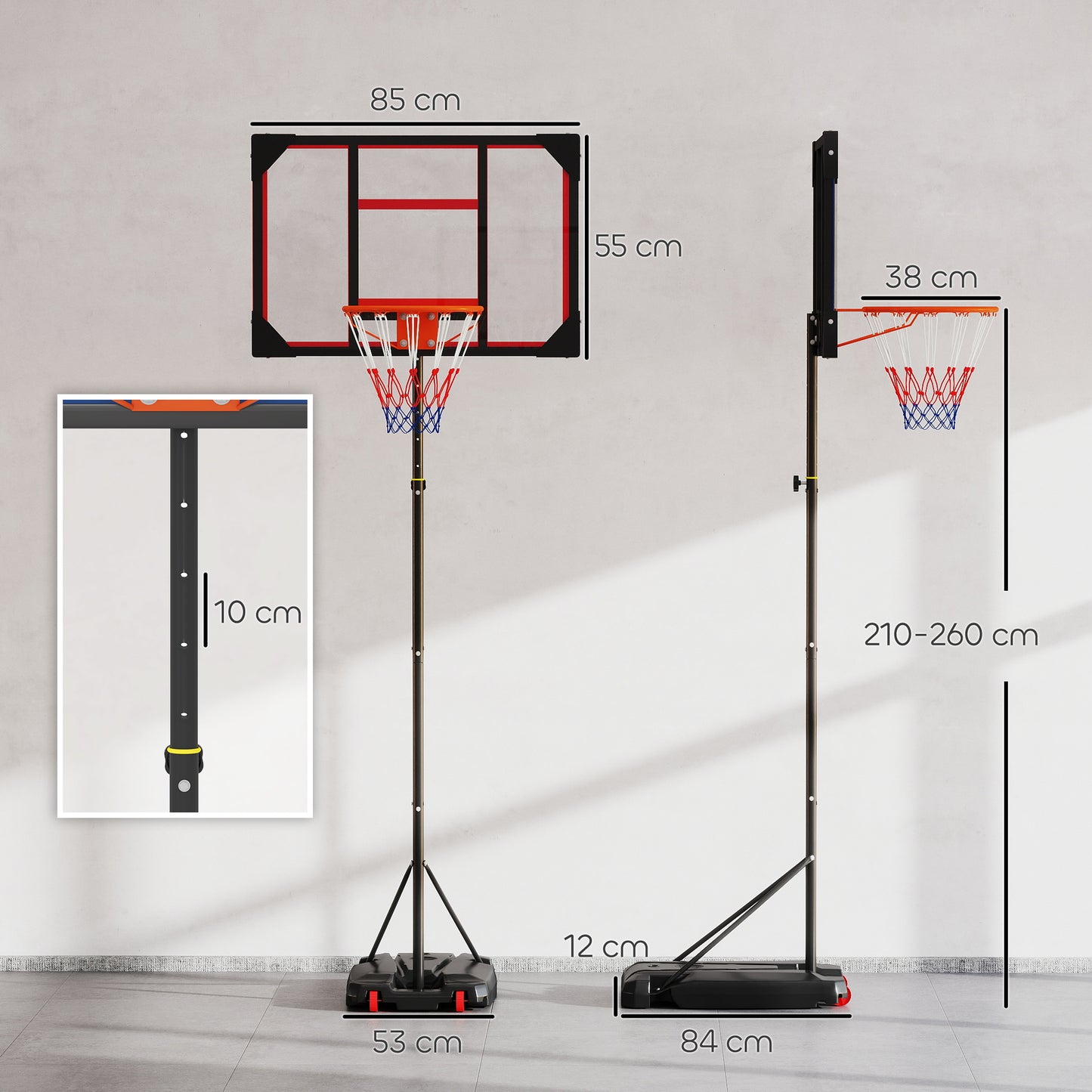 Basketball Hoop, 210-260cm Height Adjustable Basketball Hoop, Red