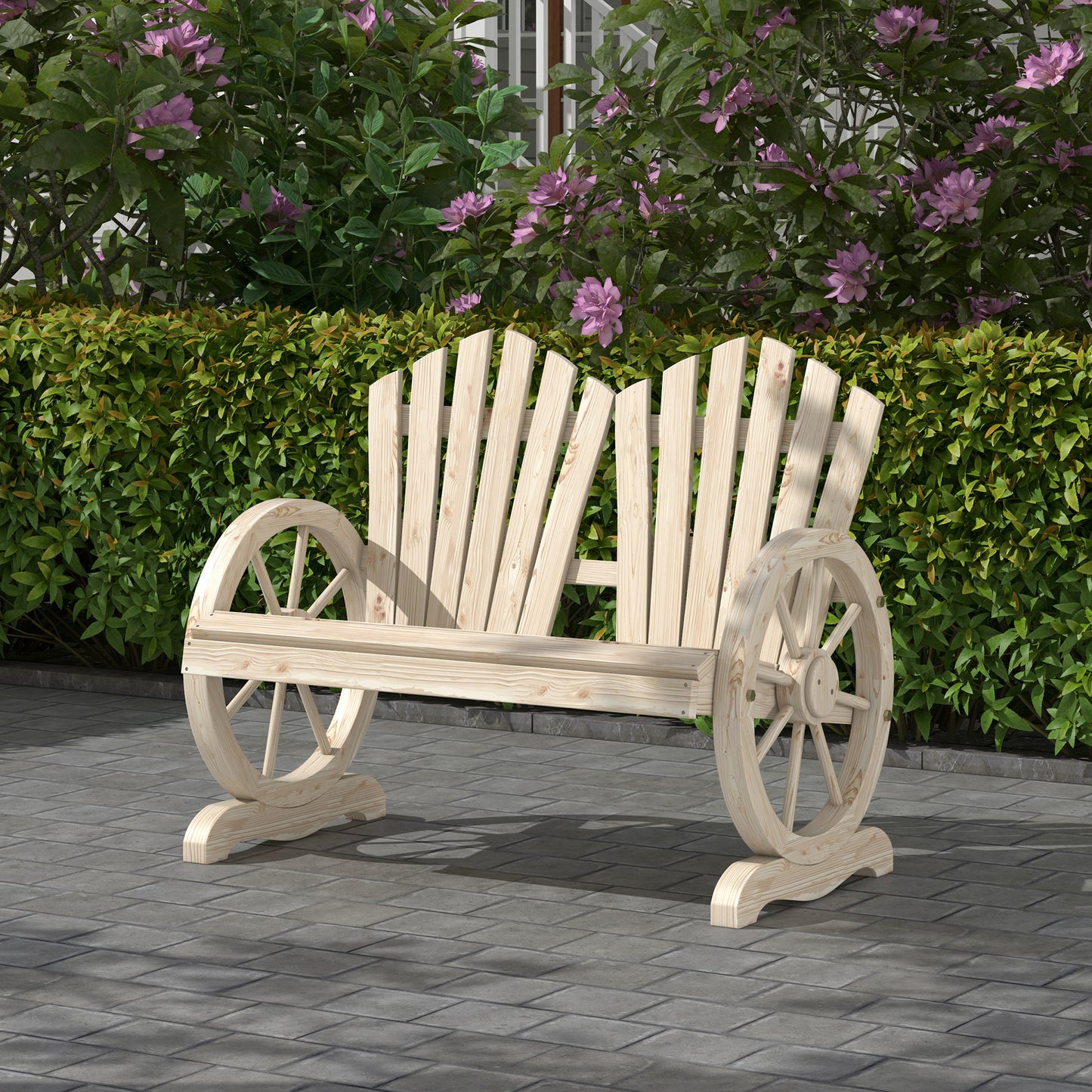 2 Seater Garden Bench w/ Wheel-Shaped Armrests Natural Wood