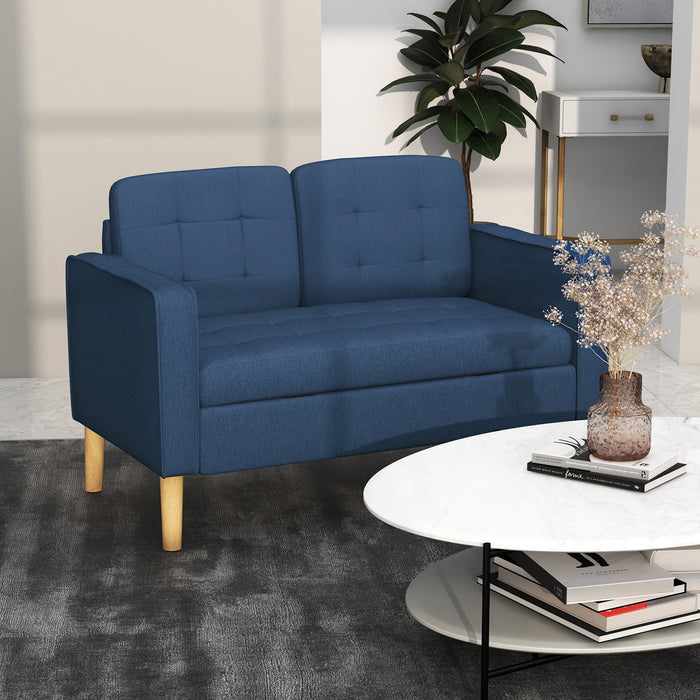 Modern Loveseat Sofa, Compact 2 Seater Sofa with Hidden Storage, 117cm Tufted Cotton Couch with Wood Legs, Blue