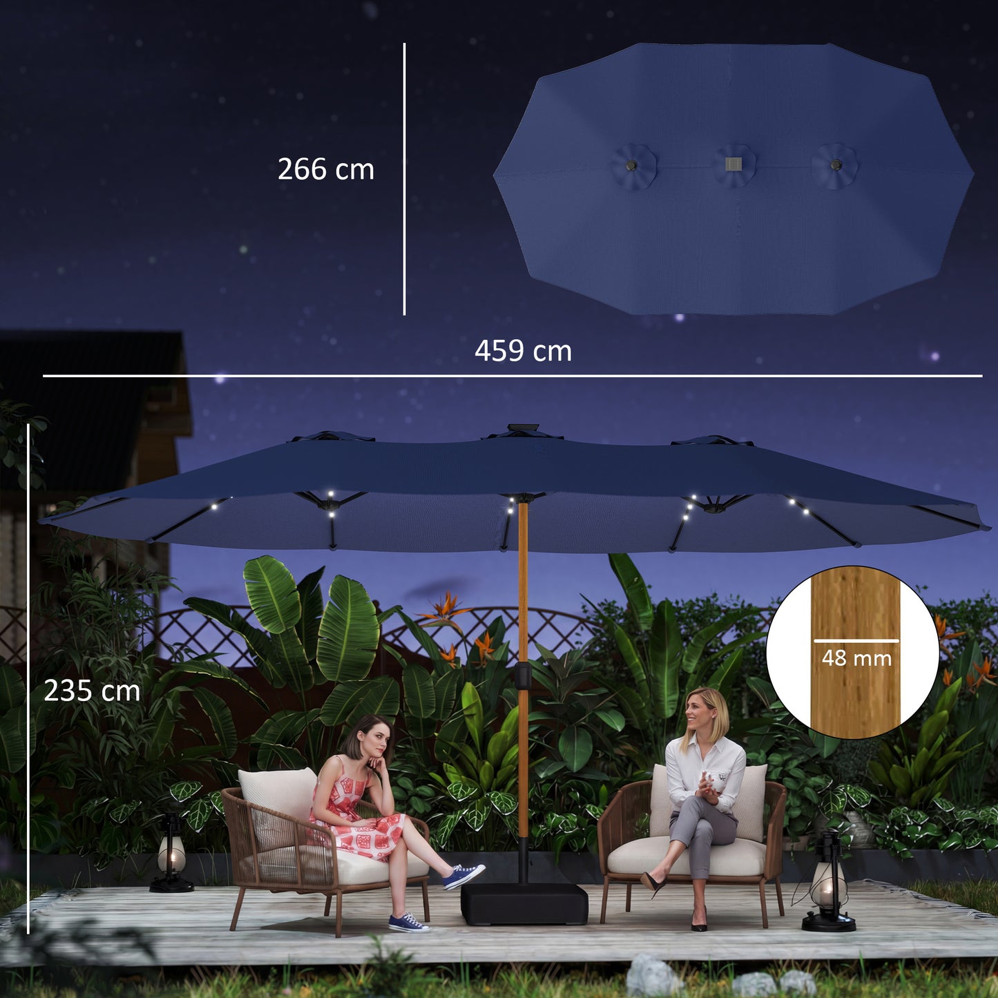 Double Sided Garden Parasol with 48 Solar LED Lights 4.6m Dark Blue