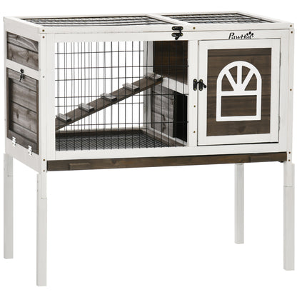 Rabbit Hutch, Elevated Guinea Pig Cage w/ Openable Roof & Tray, Brown