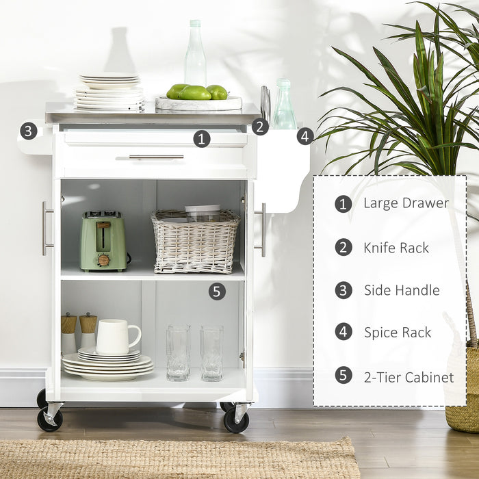 White Wooden Freestanding Kitchen Island on Wheels, Serving Cart Storage Trolley with Stainless Steel Top, Drawer, Side Handle and Rack