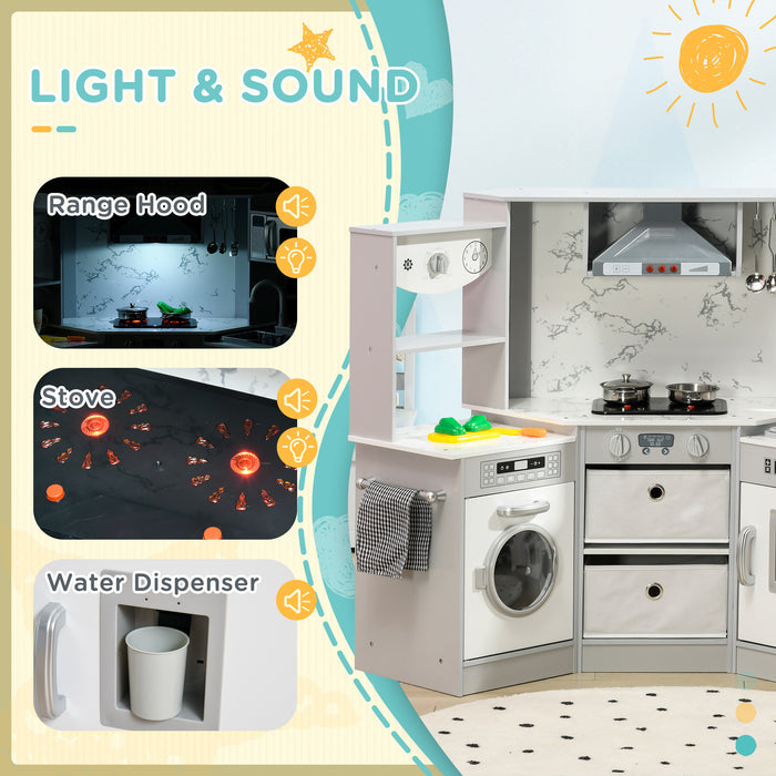 AIYAPLAY Toy Kitchen with Running Water, Lights Sounds, Apron and Chef Hat, Water Dispenser, for 3-6 Years Old - Grey