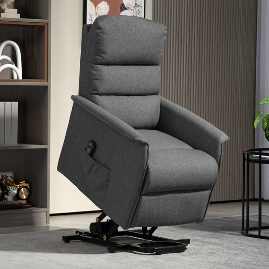Linen-Look Electric Riser Recliner Chair with Remote, Side Pockets and Footrest - Dark Grey