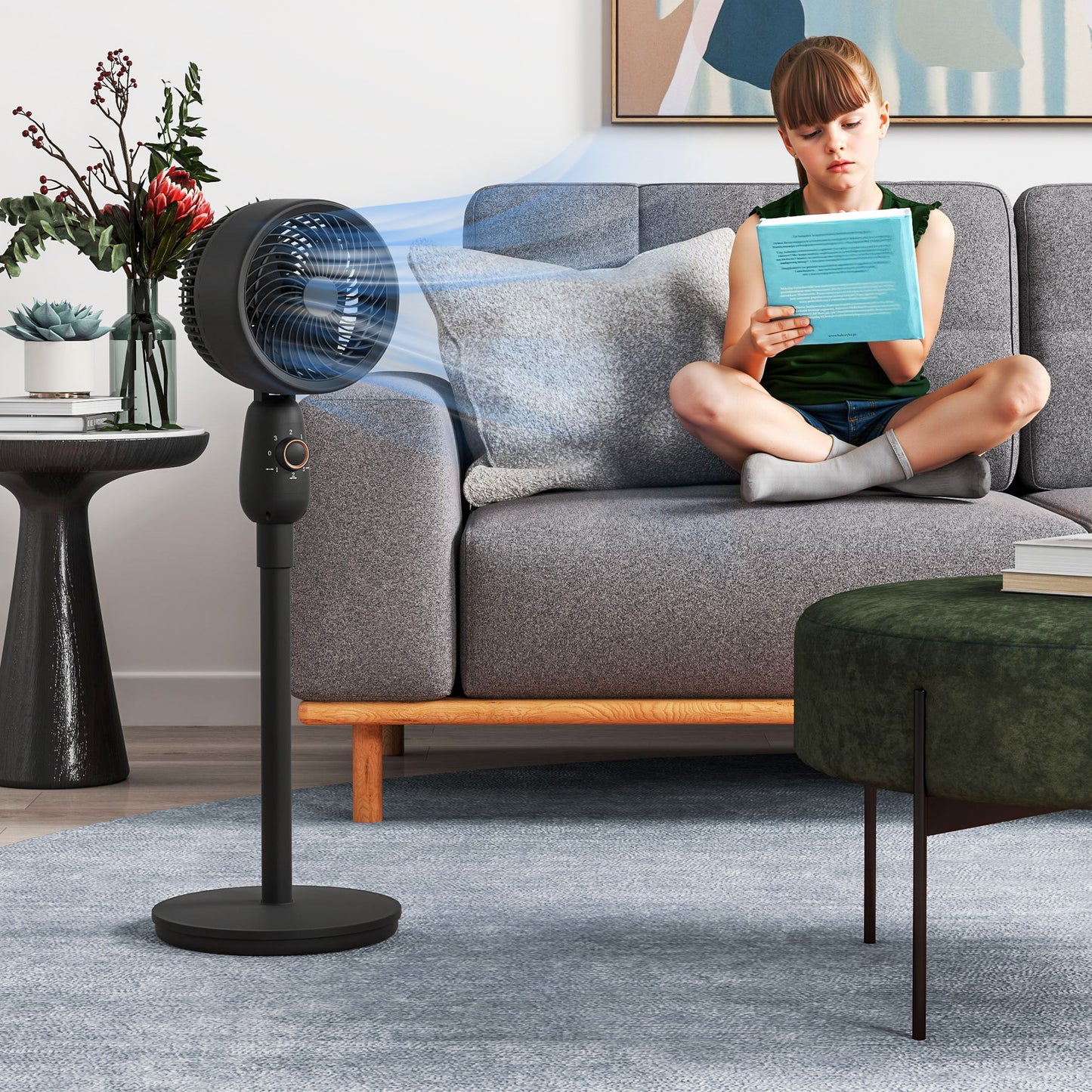 Pedestal Fan for Bedroom, Powerful Air Circulator with 3 Speed, Black
