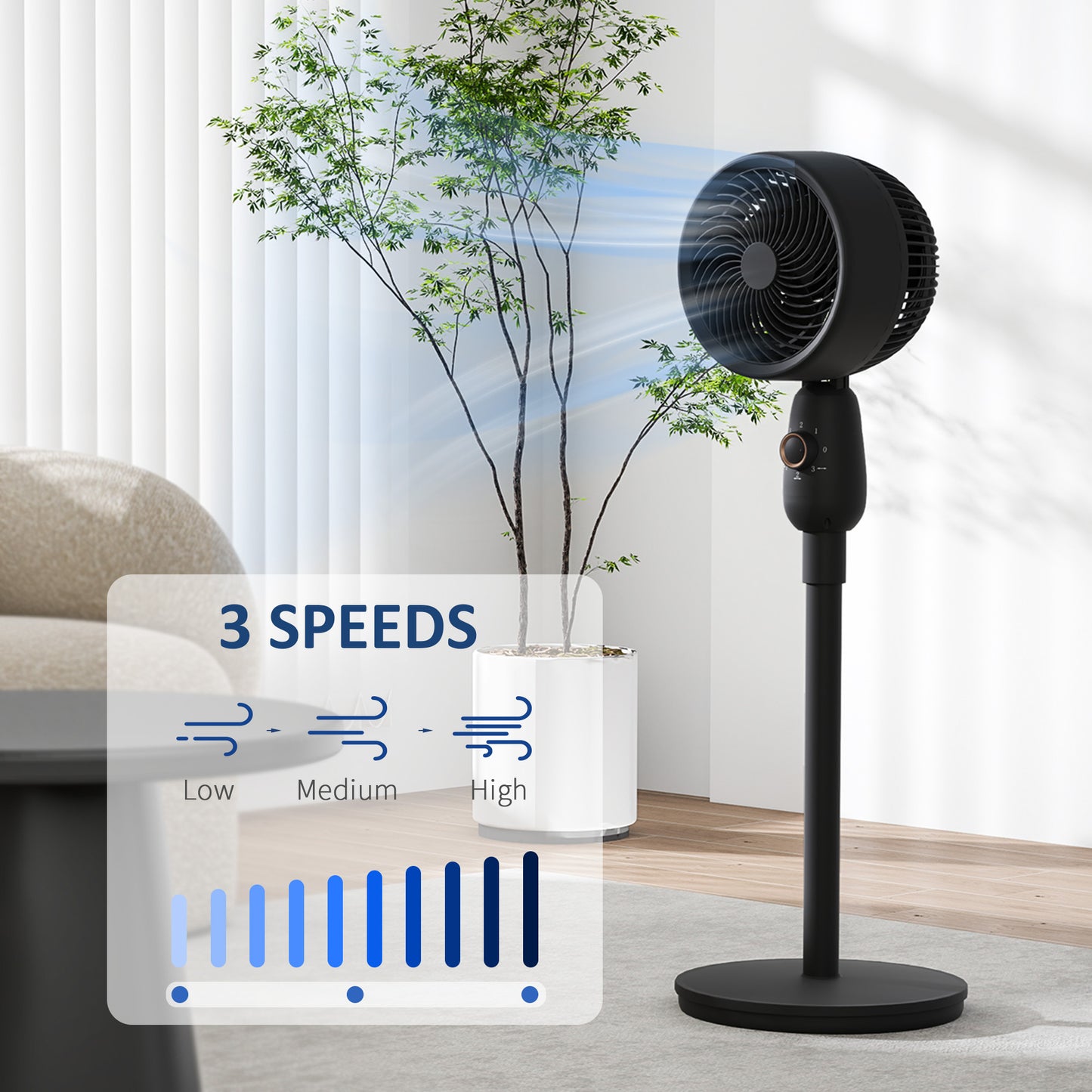 Pedestal Fan for Bedroom, Powerful Air Circulator with 3 Speed, Black