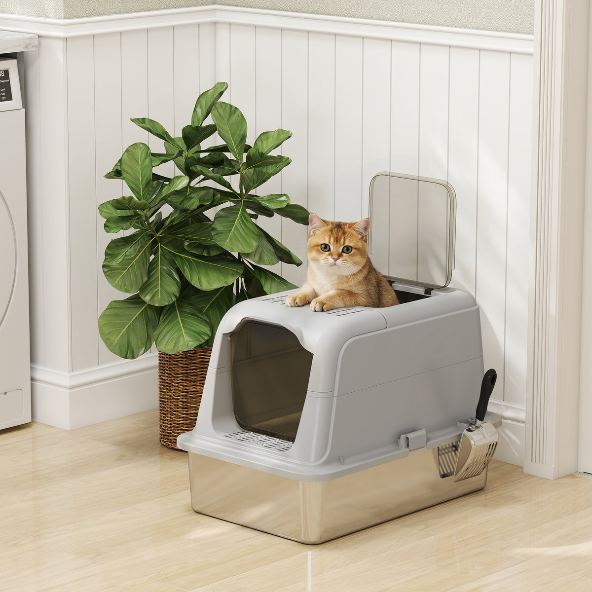 Stainless Steel Litter Box, Enclosed Metal Litter Tray with Scoop