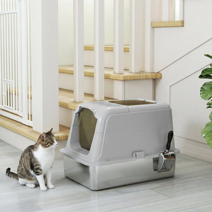 Stainless Steel Litter Box, Enclosed Metal Litter Tray with Scoop