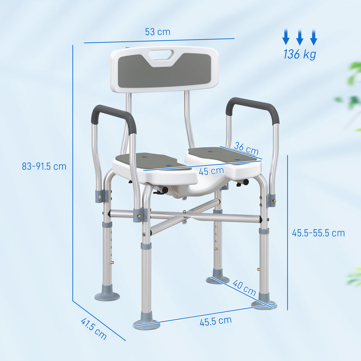 Padded Bath Chair with Slotted Seat and Adjustable Height, Grey
