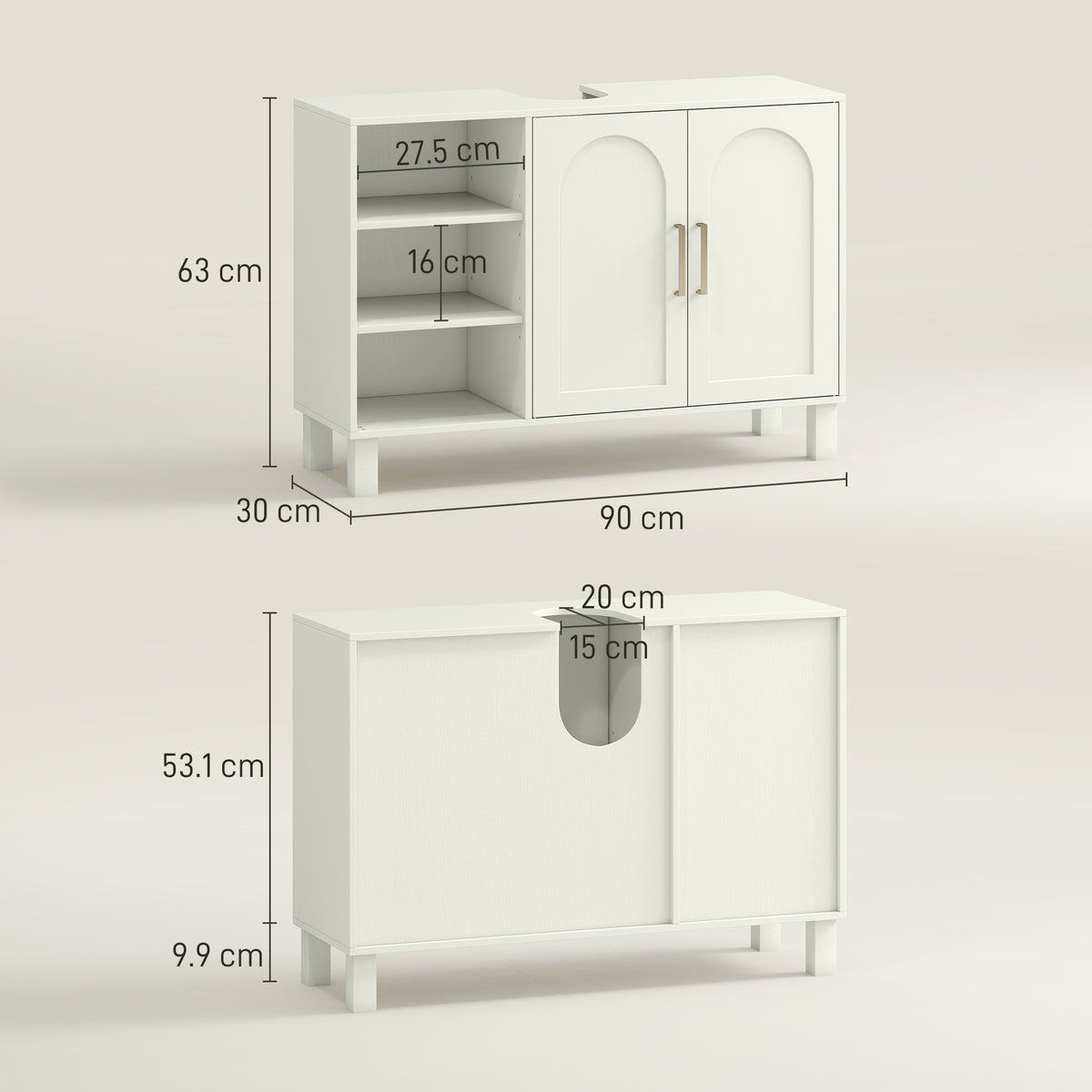 Under-Sink Bathroom Cabinet with Open Shelves and Cupboard - Cream