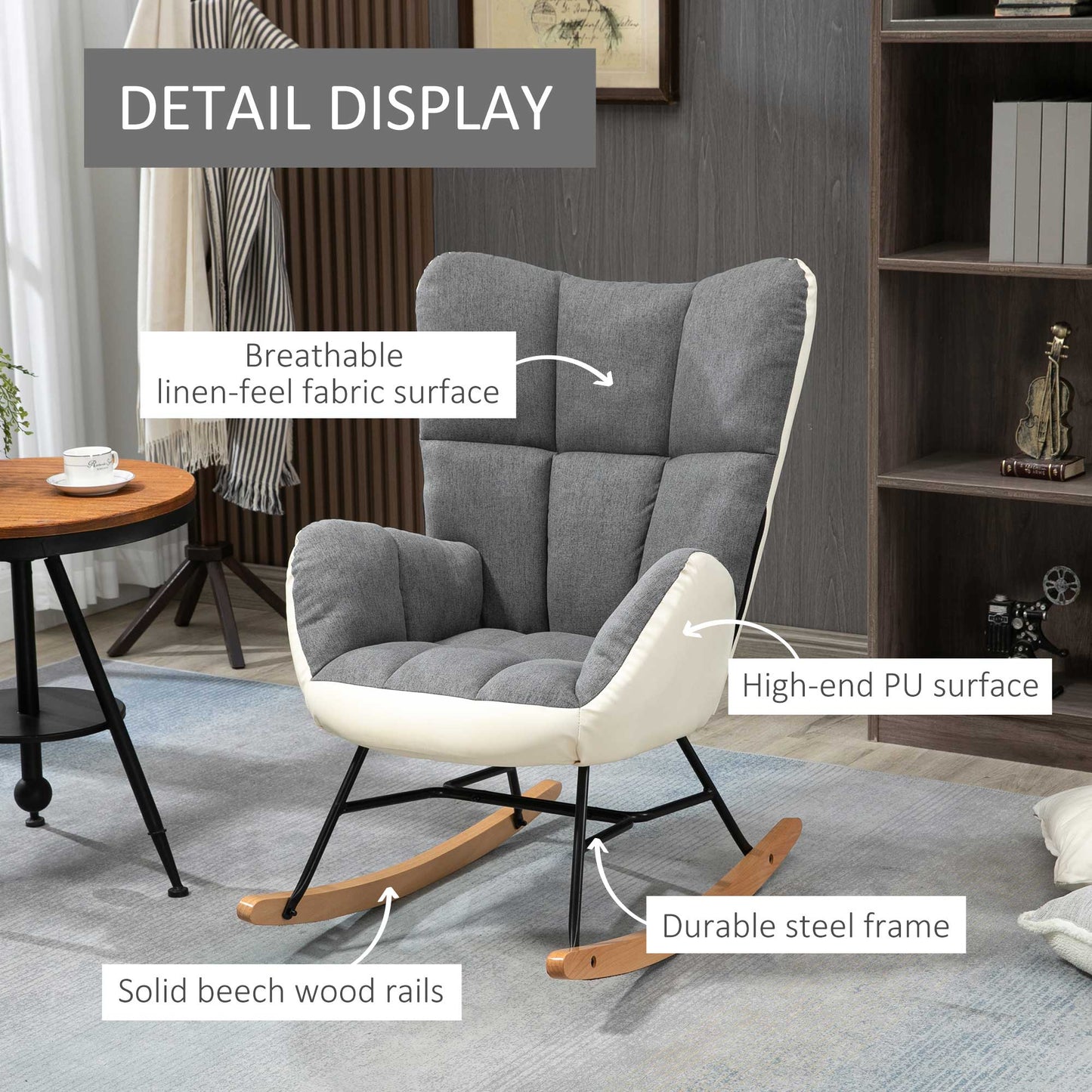 Rocking Chair for Nursery Upholstered Wingback Armchair Grey and Cream