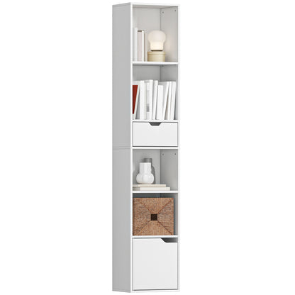 Narrow Bookshelf with Drawer, Tall Bookcase for Living Room, White