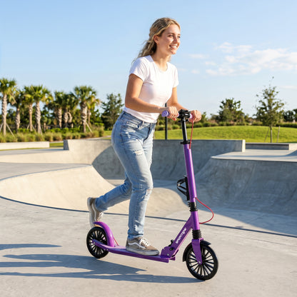 Foldable Kick Scooter with Height Adjustable Handlebar, One-click Folding Adult Scooters with 200 mm Big Wheels, Shock Absorption, ABEC-7 Bearings, Dual Brake System, Aluminium Frame, Purple