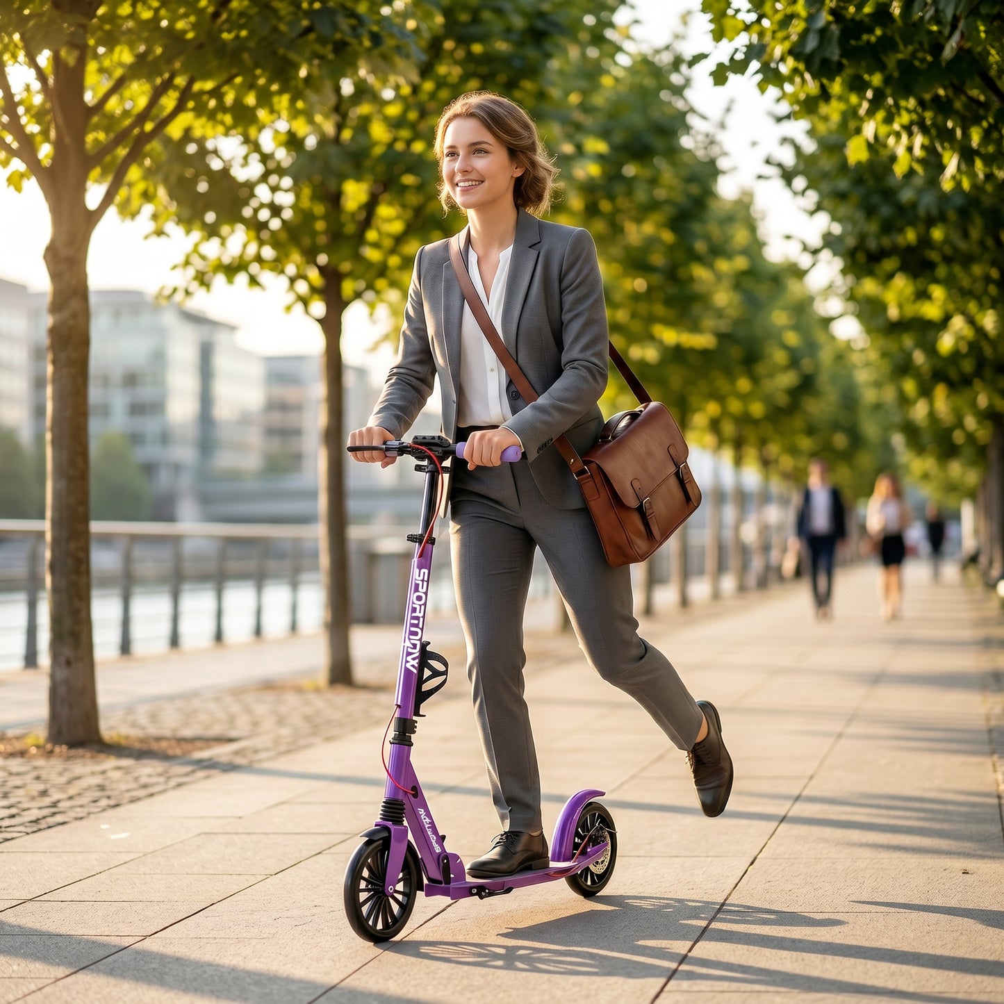 Foldable Kick Scooter with Height Adjustable Handlebar, One-click Folding Adult Scooters with 200 mm Big Wheels, Shock Absorption, ABEC-7 Bearings, Dual Brake System, Aluminium Frame, Purple