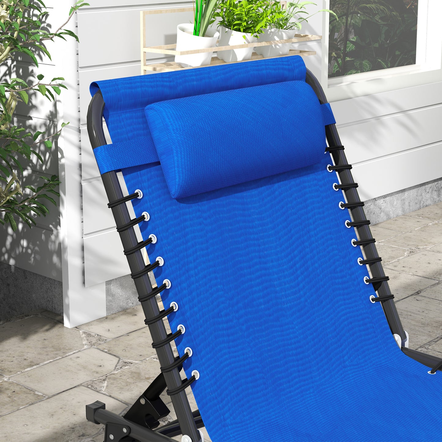 2 Pcs Folding Sun Lounger Beach Chaise Chair Garden Cot Camping Reclining with 4 Position Adjustable Blue